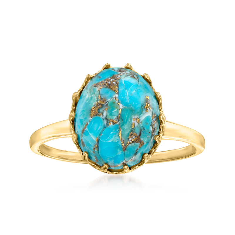 Turquoise oval gemstone ring in 10kt yellow gold bezel setting