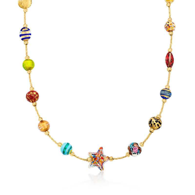 Multicolored Murano glass bead necklace with gold over sterling chain and star charm