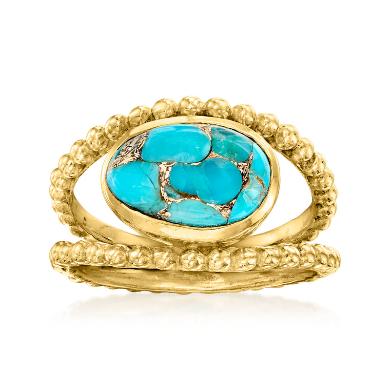Gold-tone beaded ring with turquoise oval cabochon stone