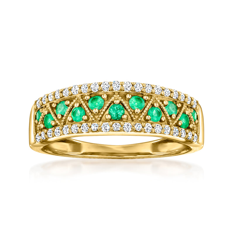 14kt yellow gold diamond and emerald ring with pavé accents