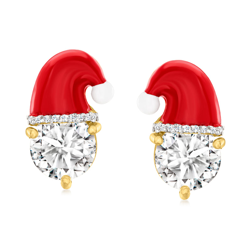 Red enamel Santa hat stud earrings with white pompom, clear gemstone, gold-tone prongs