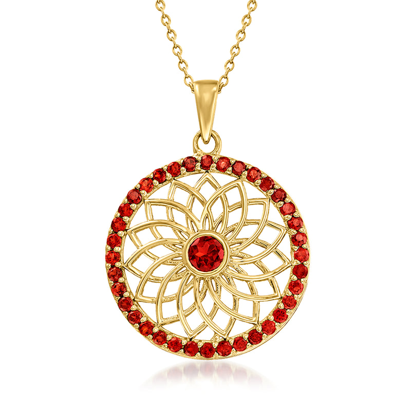 18kt gold over sterling medallion pendant necklace with red garnet center and red halo bezel