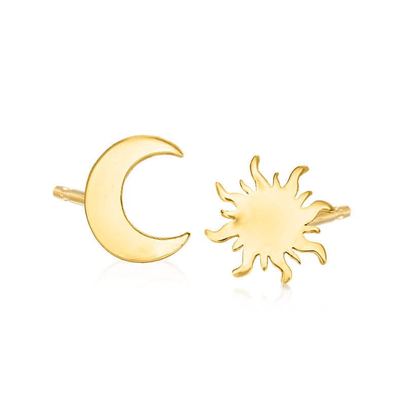 14kt yellow gold mismatched sun and moon stud earrings with post backs
