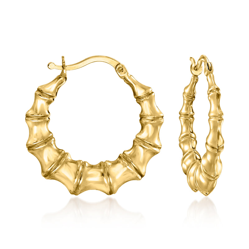 14kt yellow gold bamboo-style hoop earrings, paired hoop view