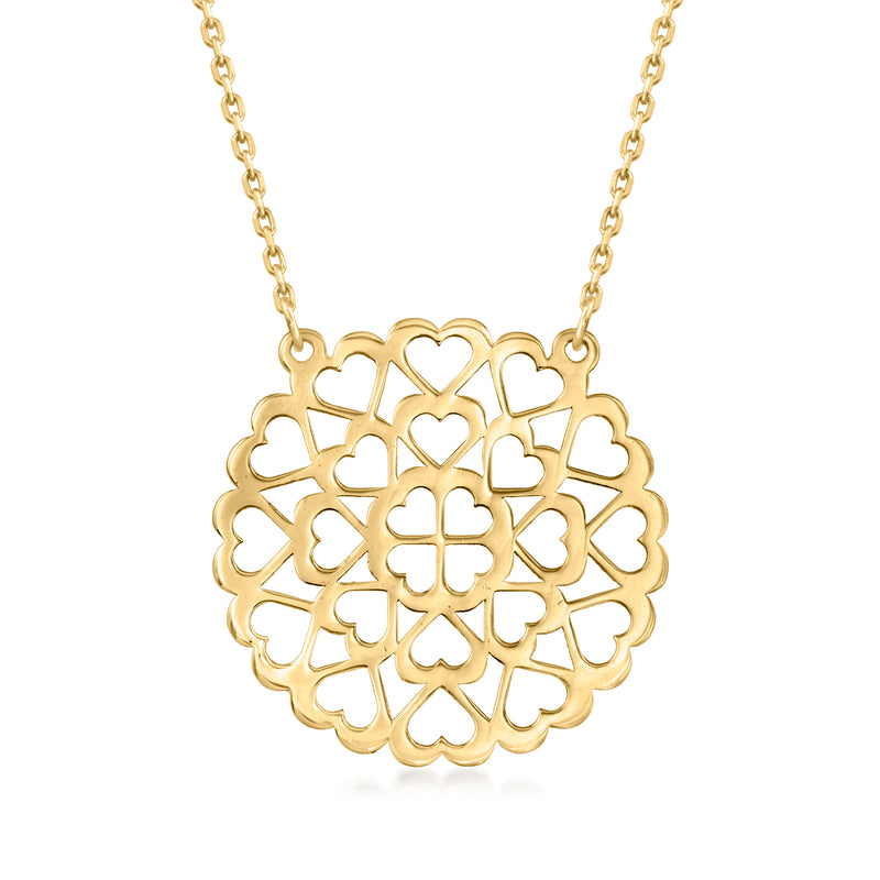 10kt yellow gold openwork heart medallion necklace on link chain