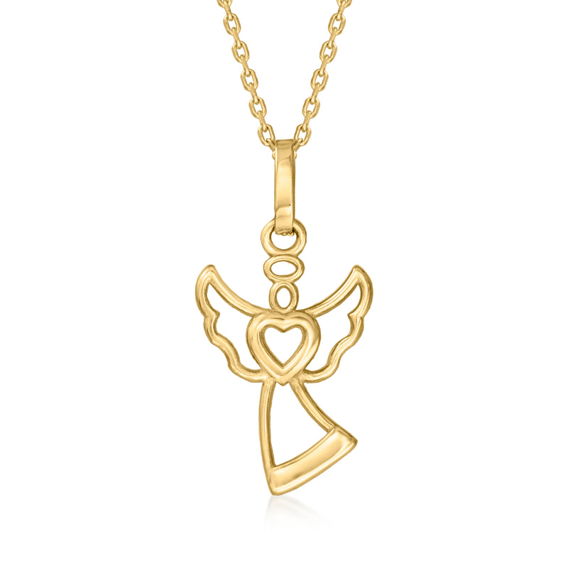10kt yellow gold angel pendant necklace with heart motif and link chain