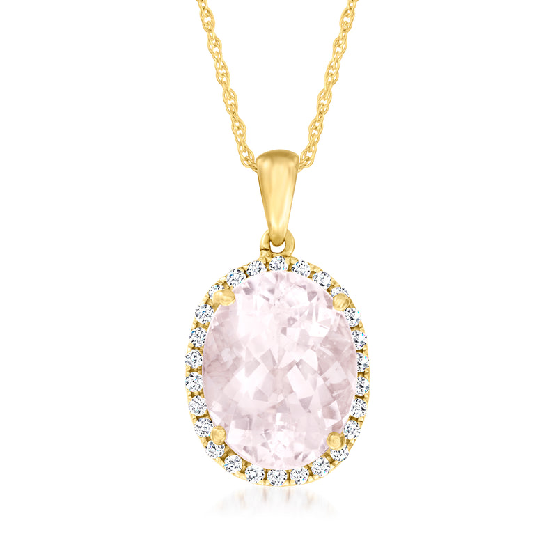 14kt yellow gold oval kunzite pendant with diamond halo and chain