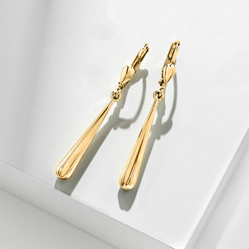 Yellow gold leverback earrings with elongated teardrop drop and link detail