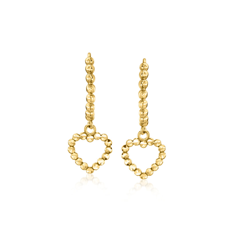 10kt yellow gold heart charm drop earrings with beaded huggie hoops