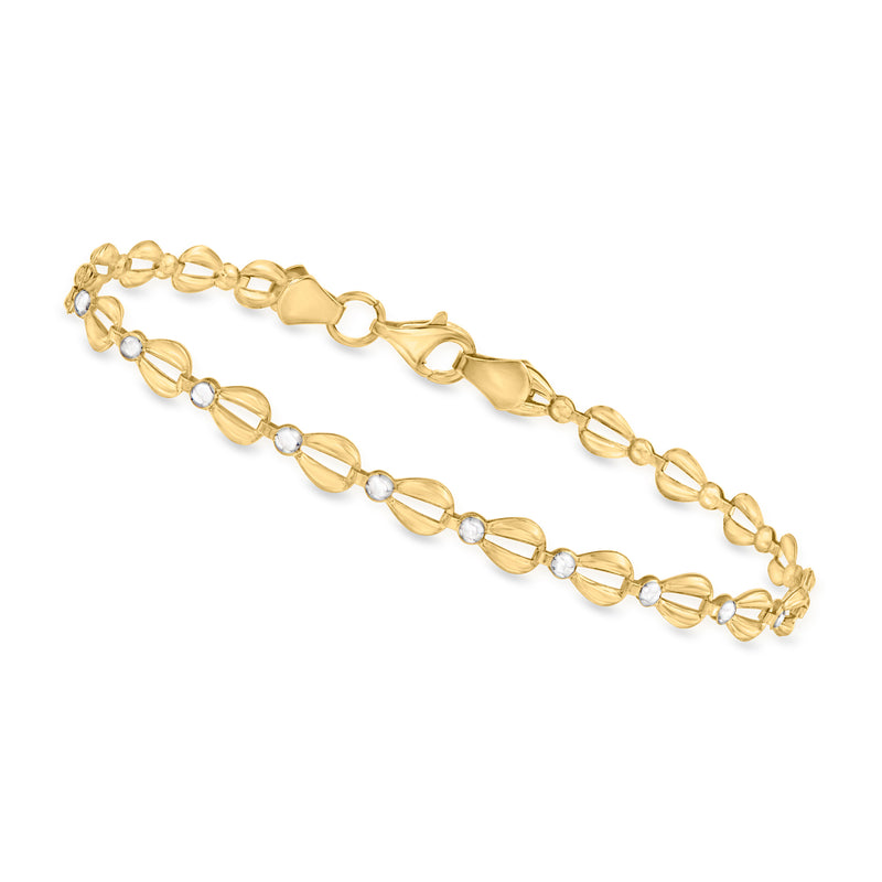 10kt yellow gold alternating bead-link bracelet with light blue accent links