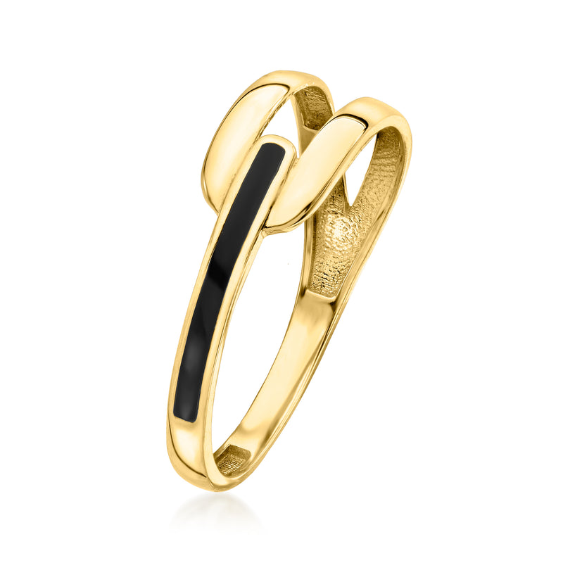 Interlocking 10kt yellow gold ring with black enamel inlay and polished edges