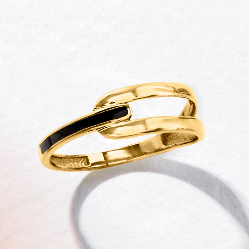 10kt yellow gold interlocking ring with black enamel stripe, side view