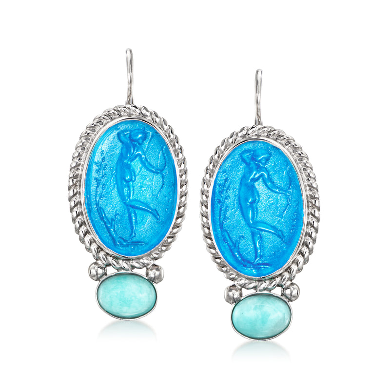 Sterling silver drop earrings with blue oval glass and two turquoise stones