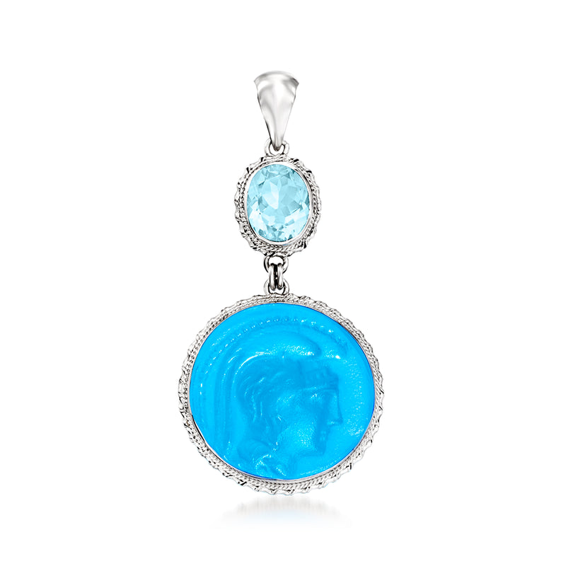 Sterling silver pendant with oval blue gemstone and blue glass cameo medallion