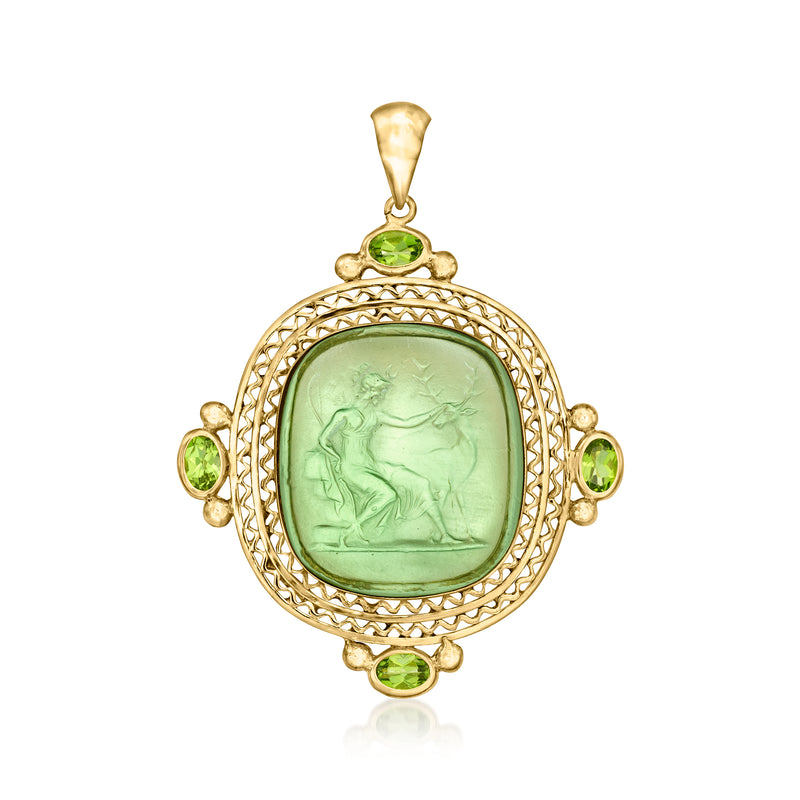 Gold-tone peridot green glass cameo pendant with deer motif and small round stones