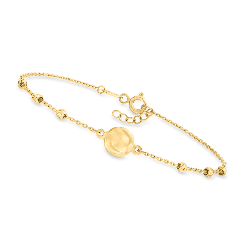 10kt yellow gold circle and bead station bracelet with round center disc and linked chain