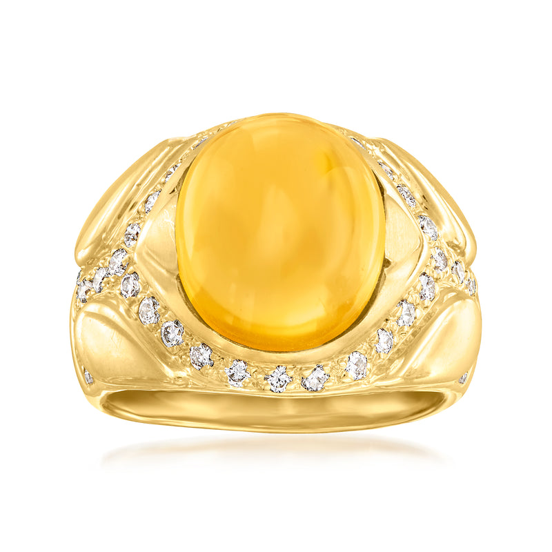 18k yellow gold citrine cabochon ring with round diamond halo
