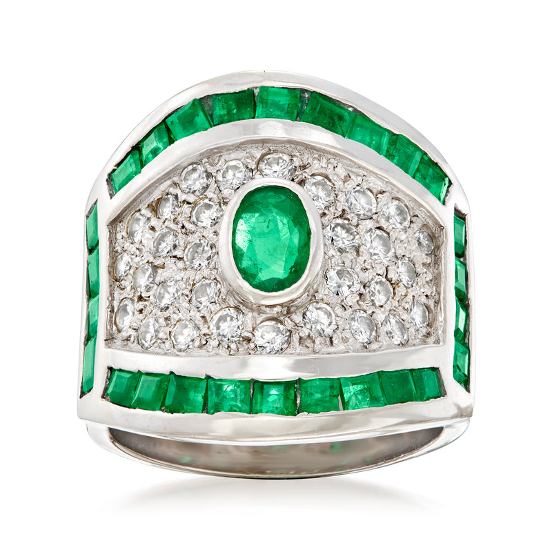 14kt white gold emerald and diamond vintage ring with green center stone