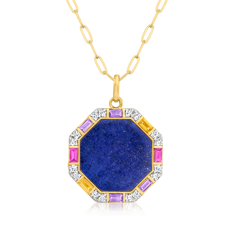 Gold over sterling multi-gemstone medallion pendant necklace, blue lapis octagon with side gems