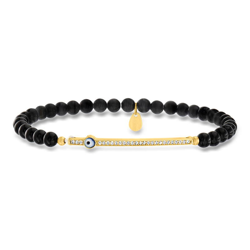 Black bead stretch bracelet with gold bar centerpiece, CZ stones, and drop charm
