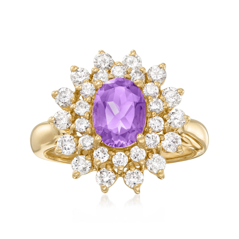 14k yellow gold flower ring with faceted oval amethyst and diamond accents