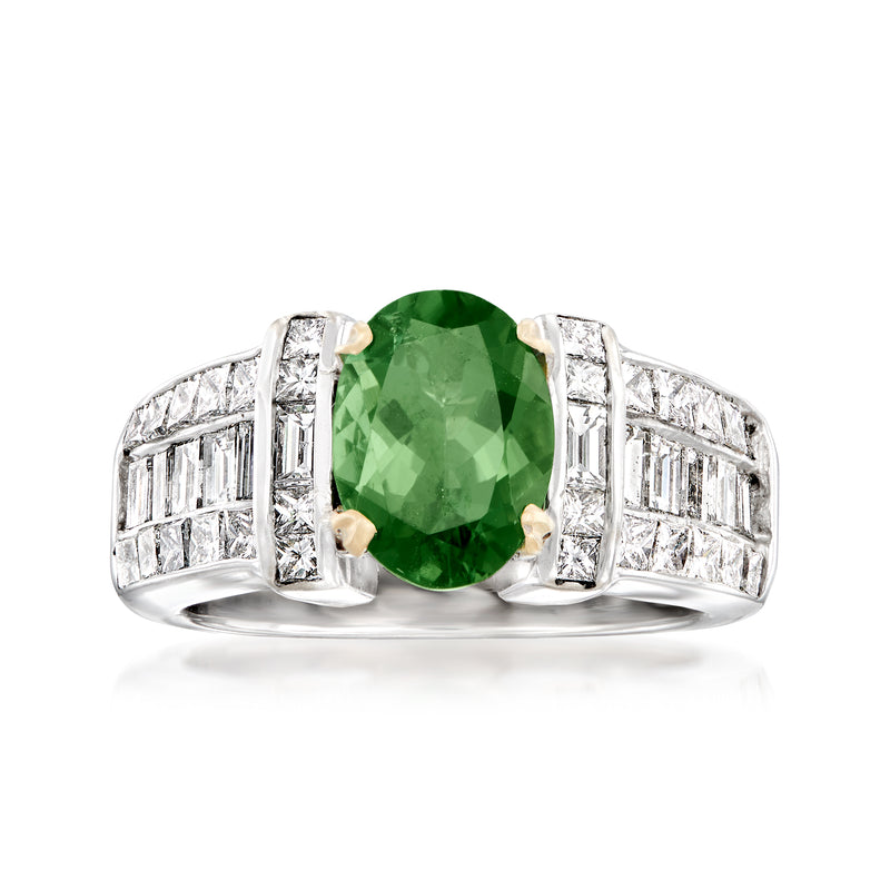 Green tourmaline center with baguette diamonds, 18kt white gold vintage ring.