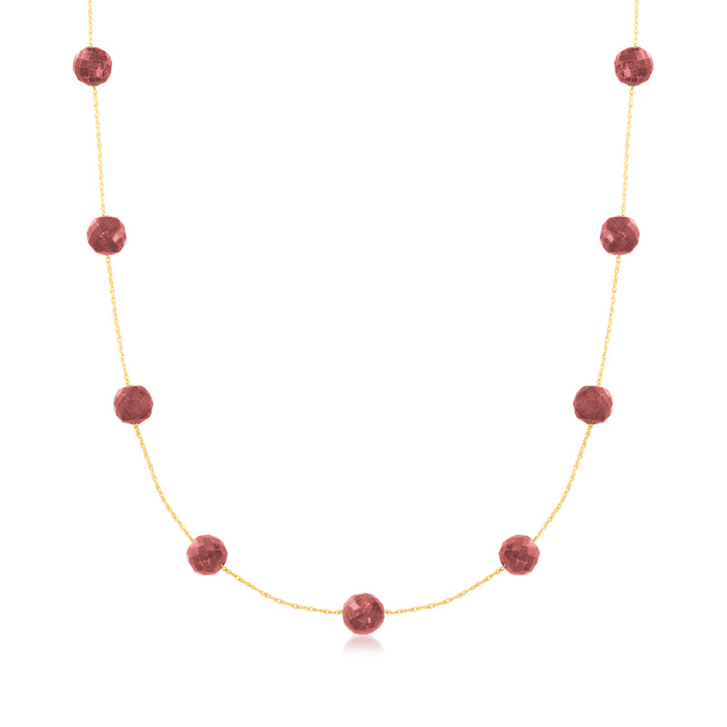 Round ruby bead station necklace with 14kt yellow gold chain