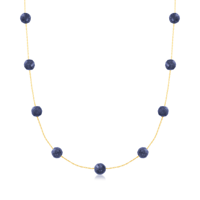 14kt yellow gold sapphire bead station necklace with dark blue round beads