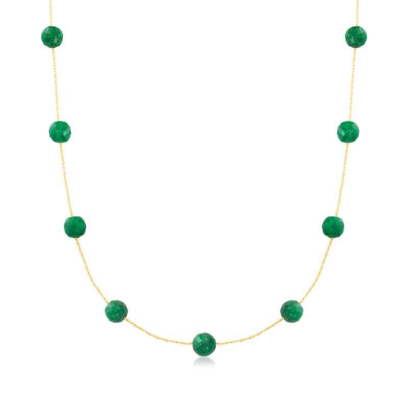 14kt yellow gold bead station necklace with green gemstone-style beads, fine chain