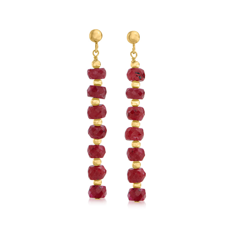 14kt yellow gold ruby bead linear drop earrings with faceted red stones, dangling row
