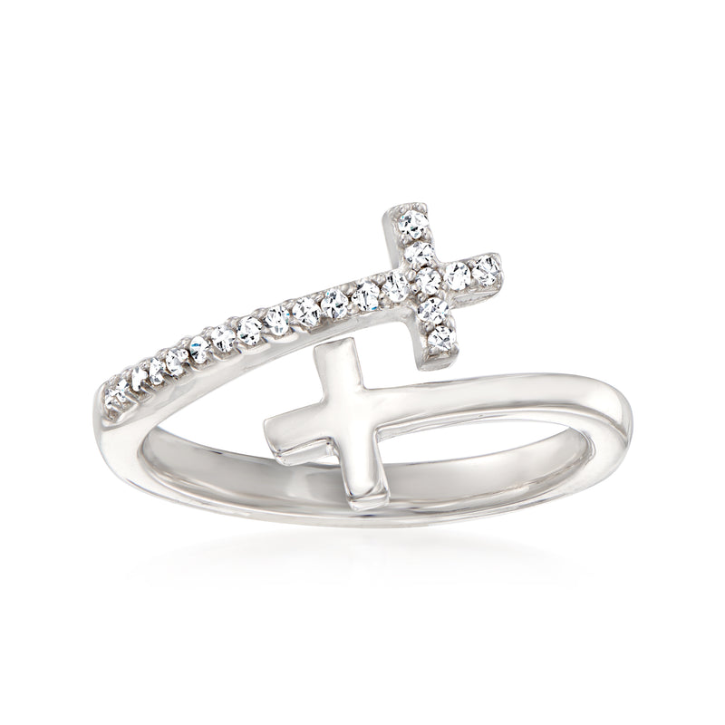 Sterling silver diamond cross bypass ring with pavé cross accents