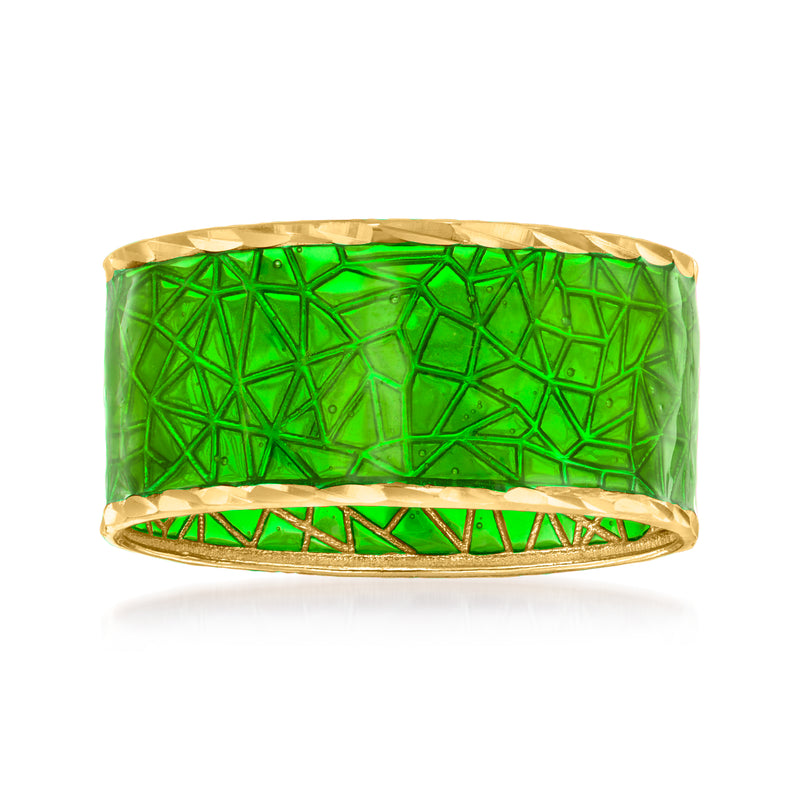 14kt yellow gold ring with green enamel geometric pattern band