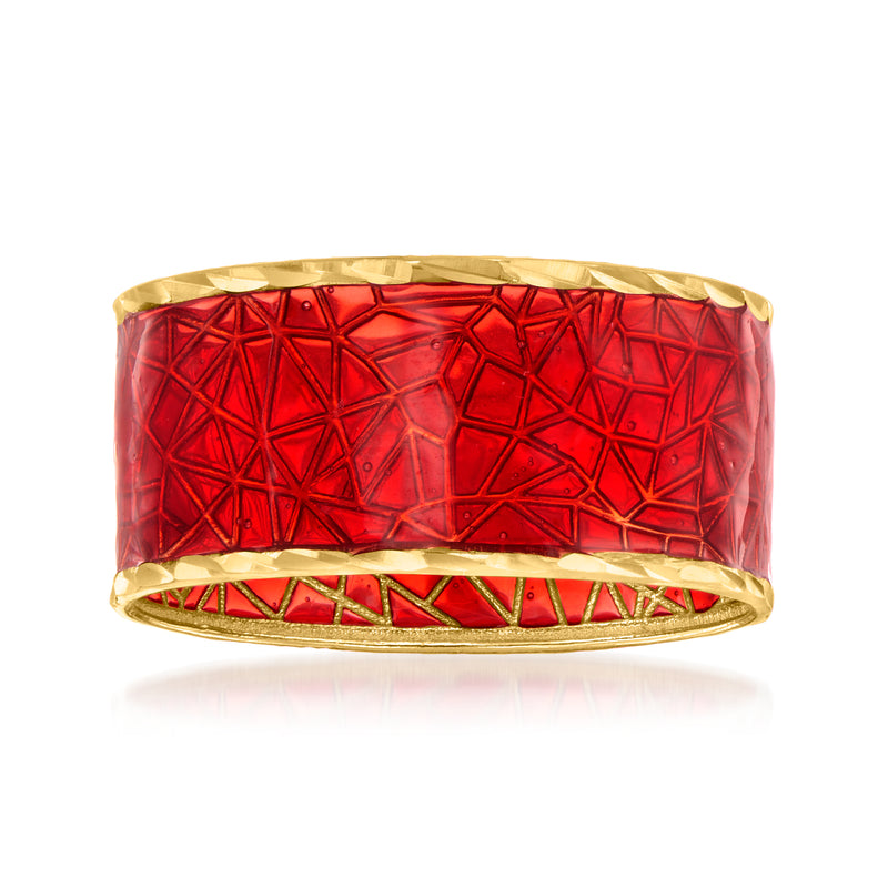 14kt yellow gold geometric enamel ring with vivid red patterned top