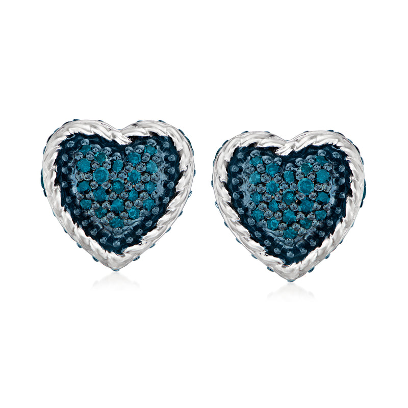 Blue diamond roped heart stud earrings in sterling silver, with post backs