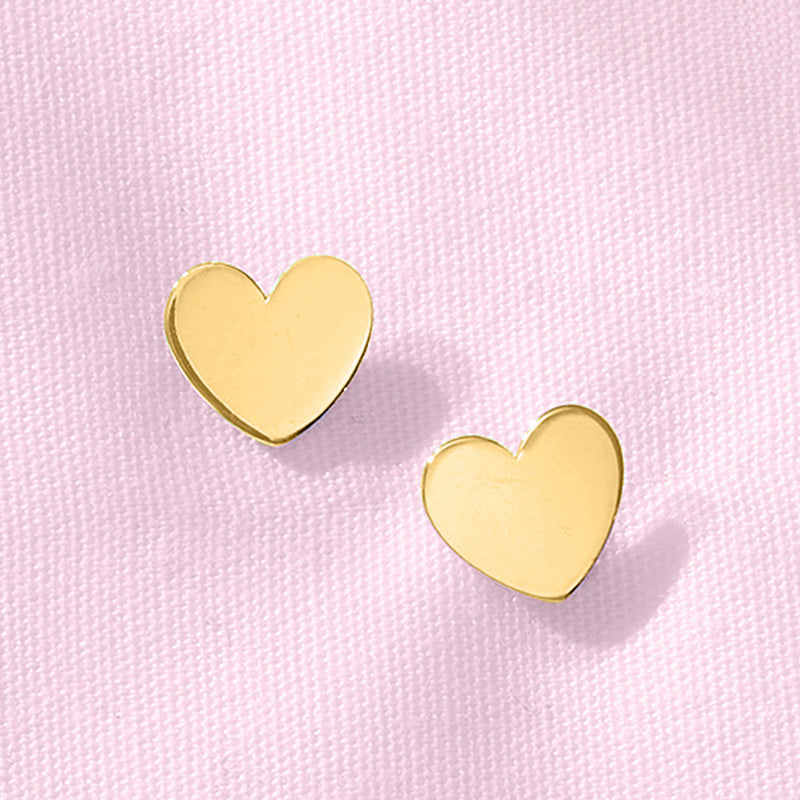 Yellow gold heart post earrings, flat polished heart studs