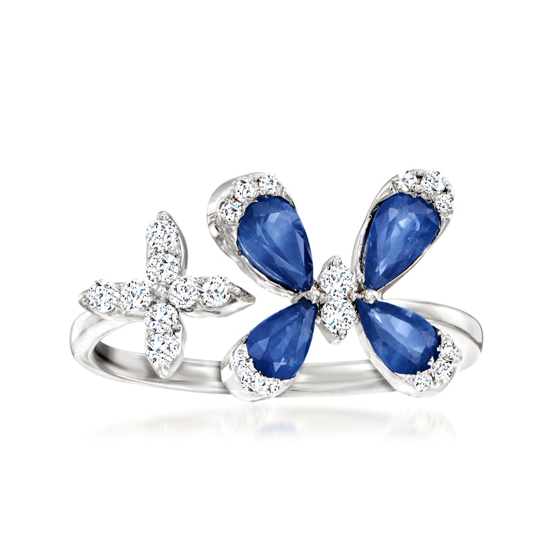 14kt white gold butterfly ring with sapphire petals and diamond flower accents