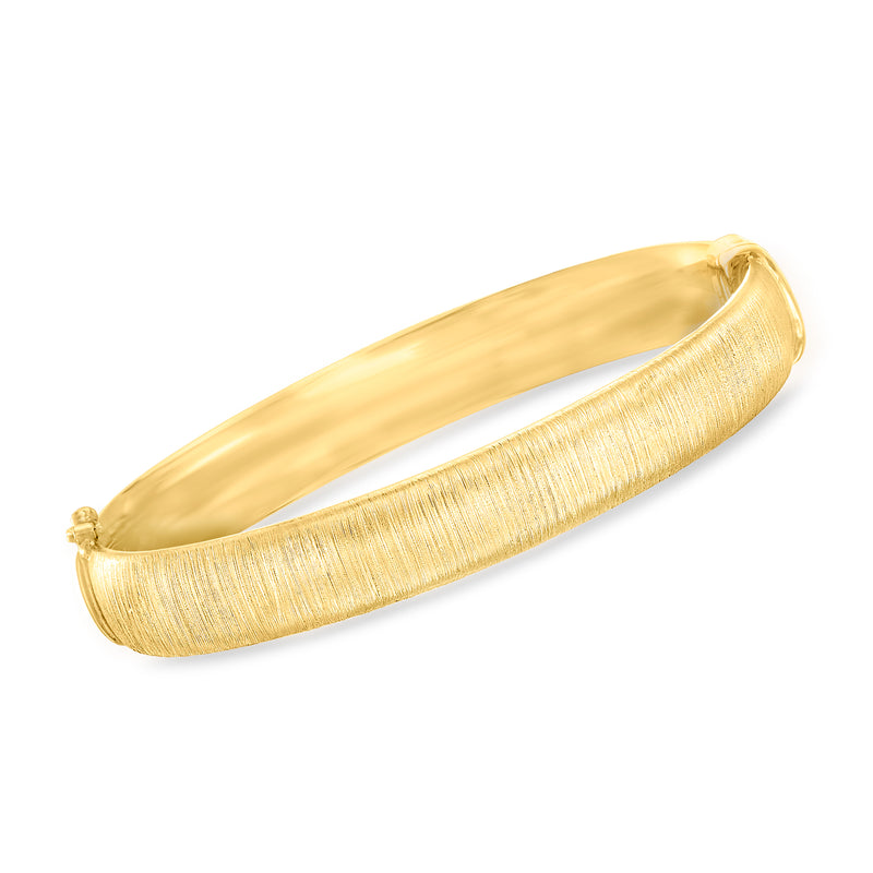 Gold over sterling bangle bracelet with brushed center and polished edges, hinge clasp.