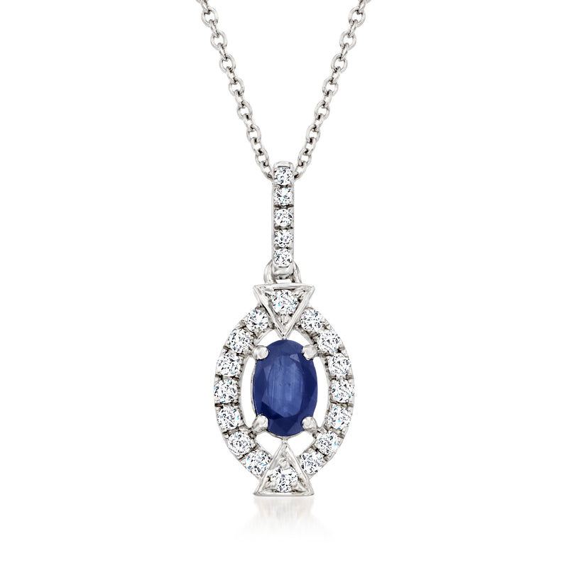 Oval sapphire and diamond halo pendant necklace in 14kt white gold with chain