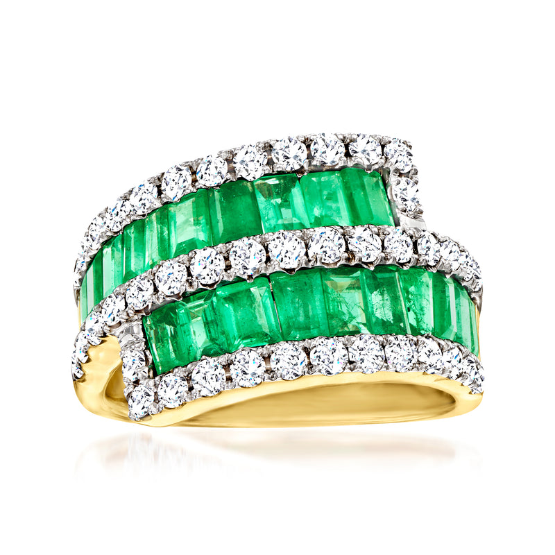 Emerald and diamond bypass ring in 14kt yellow gold