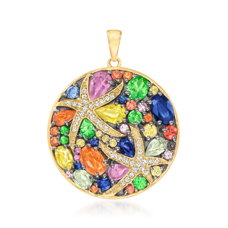 Round starfish multi-gemstone pendant in 14kt yellow gold with diamond accents