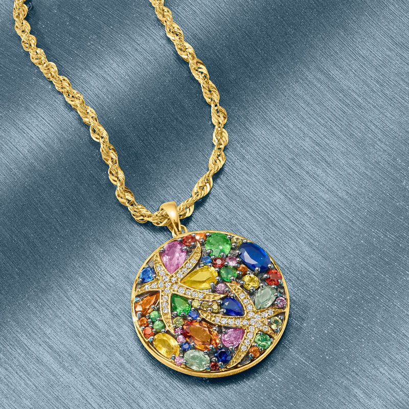 Round starfish gemstone pendant with 14kt yellow gold chain and colorful stones