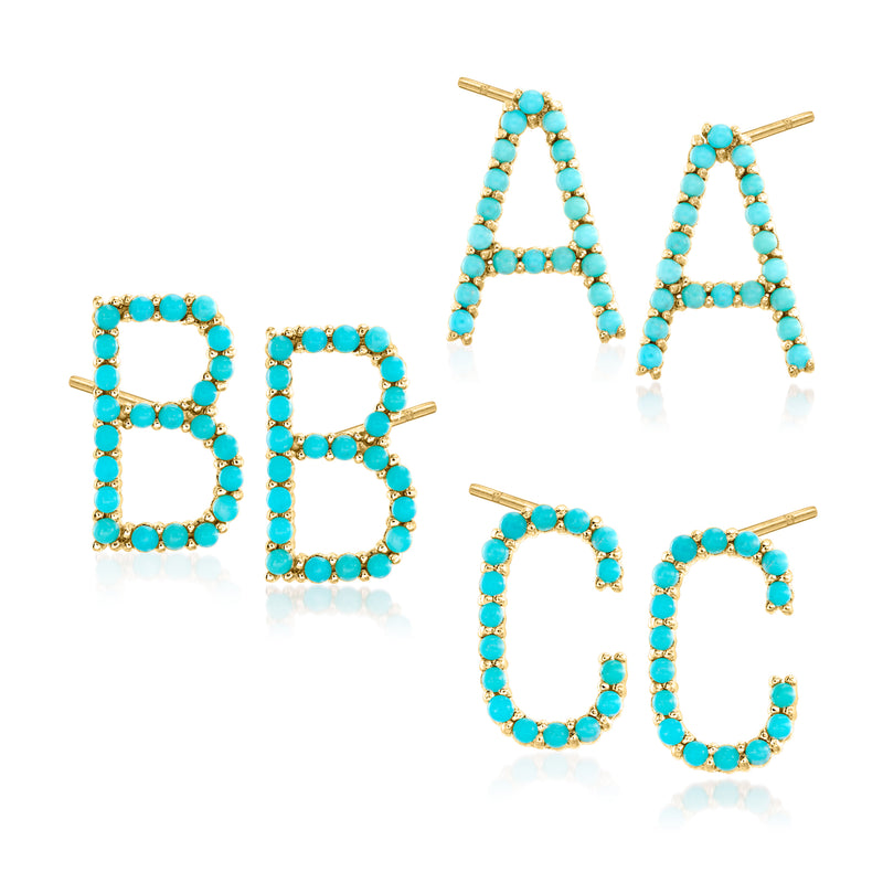 Turquoise beaded initial earrings with 14kt yellow gold posts and dangling letter charms