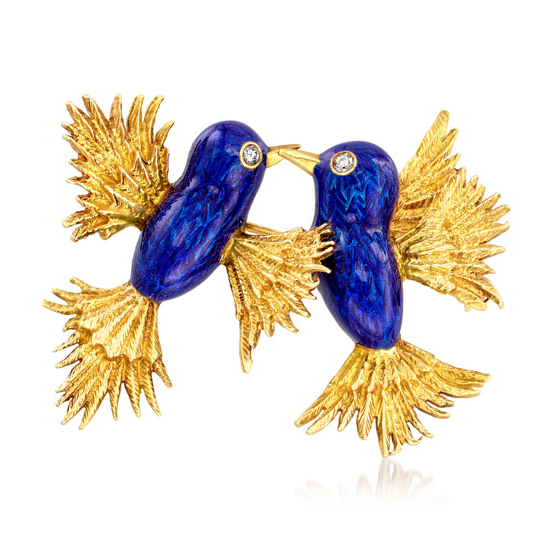 Vintage blue enamel bird pin in 18kt yellow gold with diamond accents