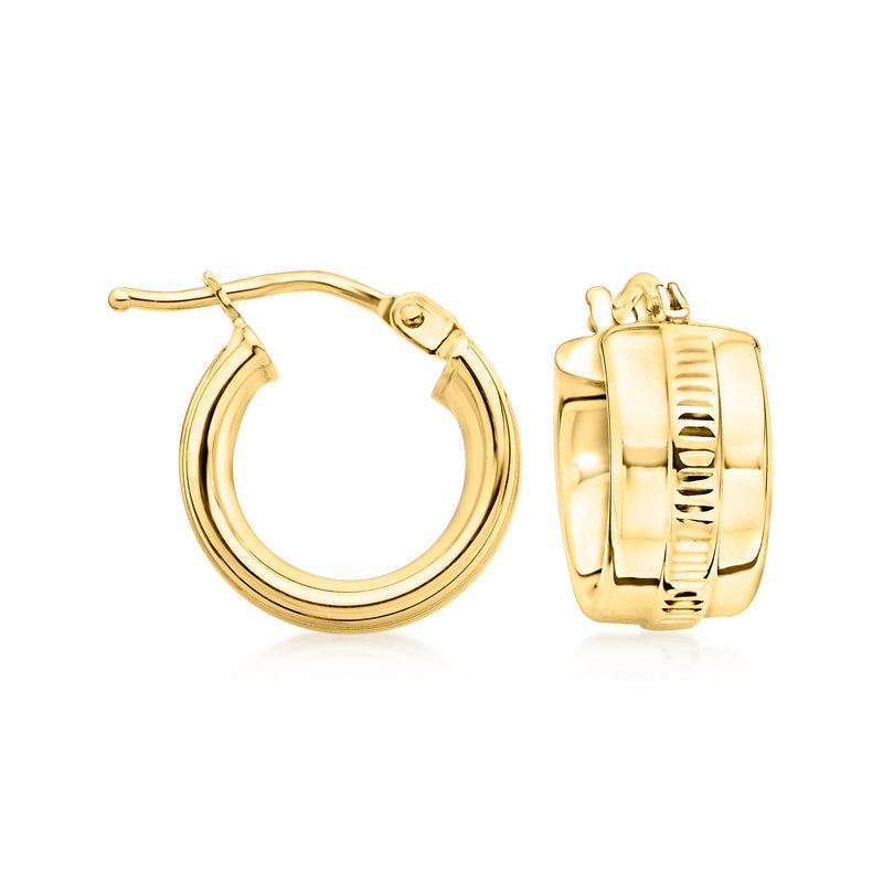 Yellow gold huggie hoop earrings with hinged clasp, round profile