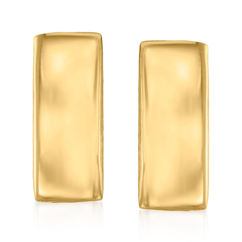 Rectangular 14kt yellow gold post earrings, brushed center with polished shine