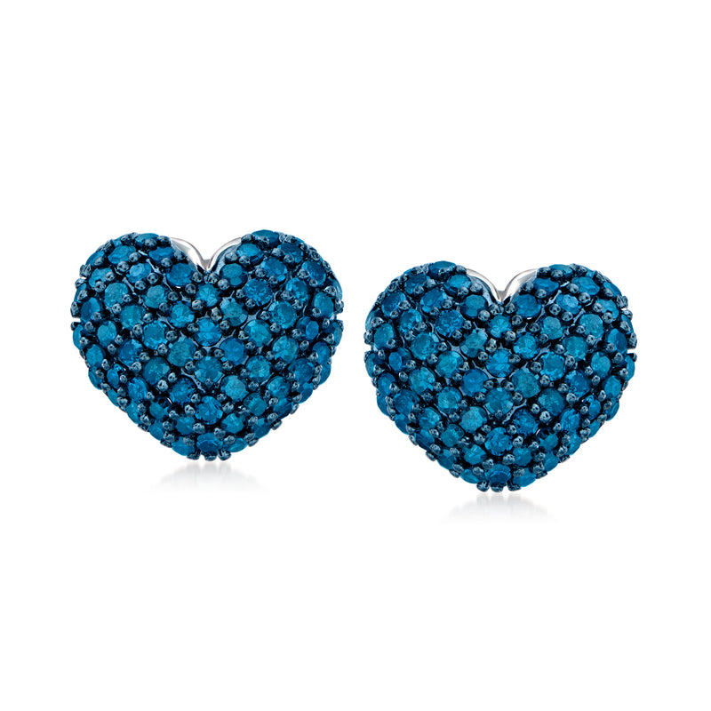 Heart-shaped blue diamond stud earrings in sterling silver