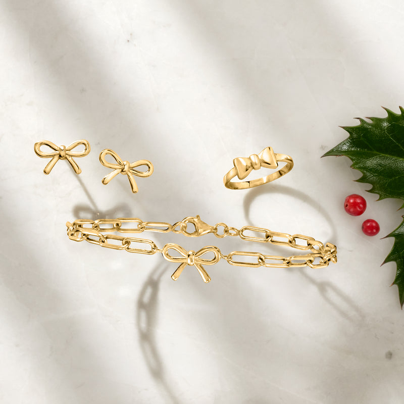 10k yellow gold ribbon bow stud earrings with small bow centerpiece