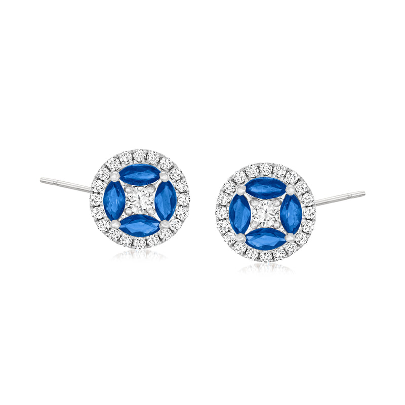 18kt white gold halo sapphire and diamond stud post earrings with blue center stones