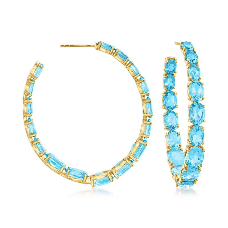 14kt yellow gold hoop earrings with Swiss blue topaz inside-outside settings