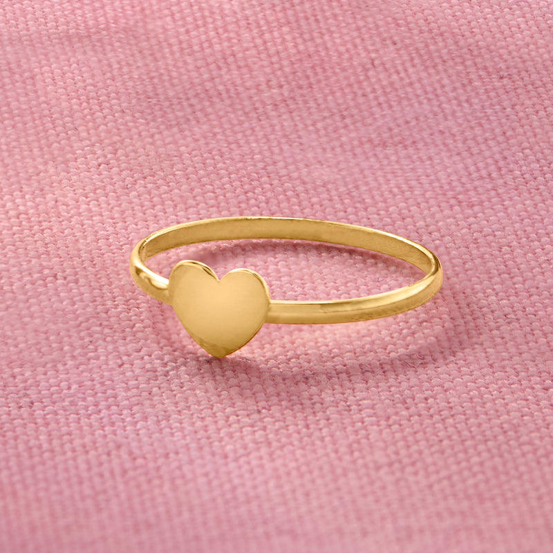 Yellow gold heart ring with small heart front on slim band